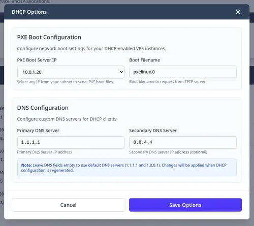 TierHive DHCP and PXE boot configuration options for private NAT VPS subnet management