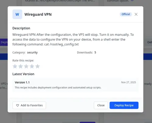 TierHive WireGuard VPN recipe details showing one-click VPN server deployment on hourly VPS