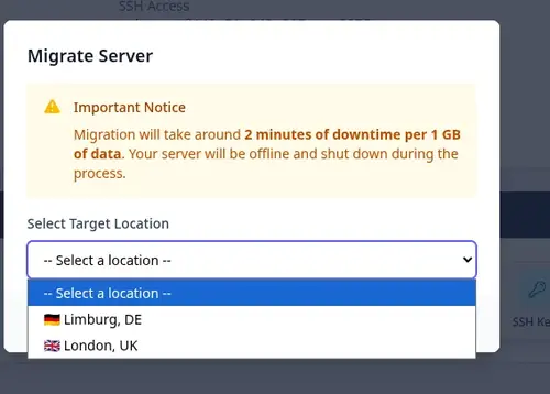TierHive VPS migration modal for moving servers between global datacenter locations