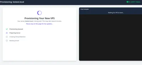 TierHive VPS provisioning screen showing real-time deployment status and integrated VNC console for instant server access