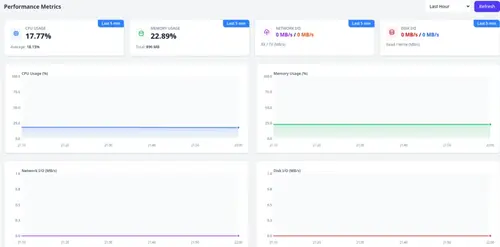 TierHive VPS performance metrics dashboard showing CPU, memory, disk and network usage graphs
