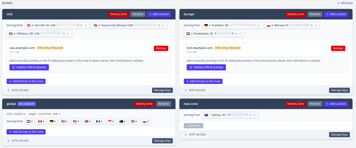 TierHive static hosting showing multiple zones each with different locations and custom domains