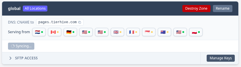 TierHive global zone showing all locations active and a custom domain with SSL active status