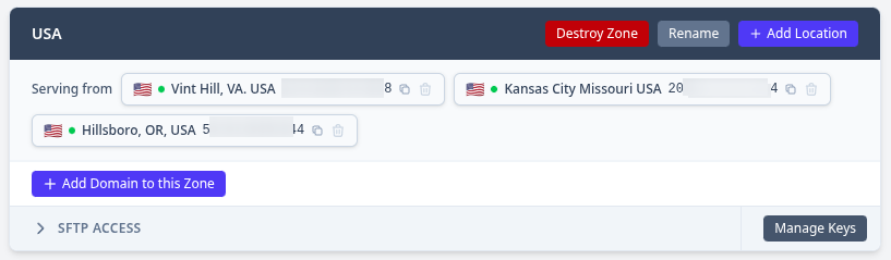 TierHive static hosting standard zone showing active locations and SFTP connection details