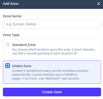 TierHive static hosting zone type selection showing Standard Zone and Global Zone options